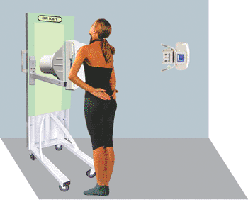 Image: The mobile direct radiography (DR) system, DR Kart, shown in the upright position (Photo courtesy of EMI America).